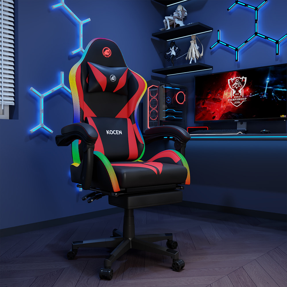 Cathaoirleach Cearrbhachais Fabraic Leathar PU, Cathaoirleach Esports Le Soilse RGB Inchoigeartaithe Il-datha, USB Powered, Cianrialú