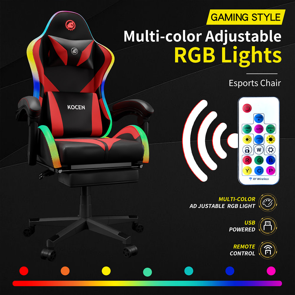 Cathaoirleach Cearrbhachais Fabraic Leathar PU, Cathaoirleach Esports Le Soilse RGB Inchoigeartaithe Il-datha, USB Powered, Cianrialú