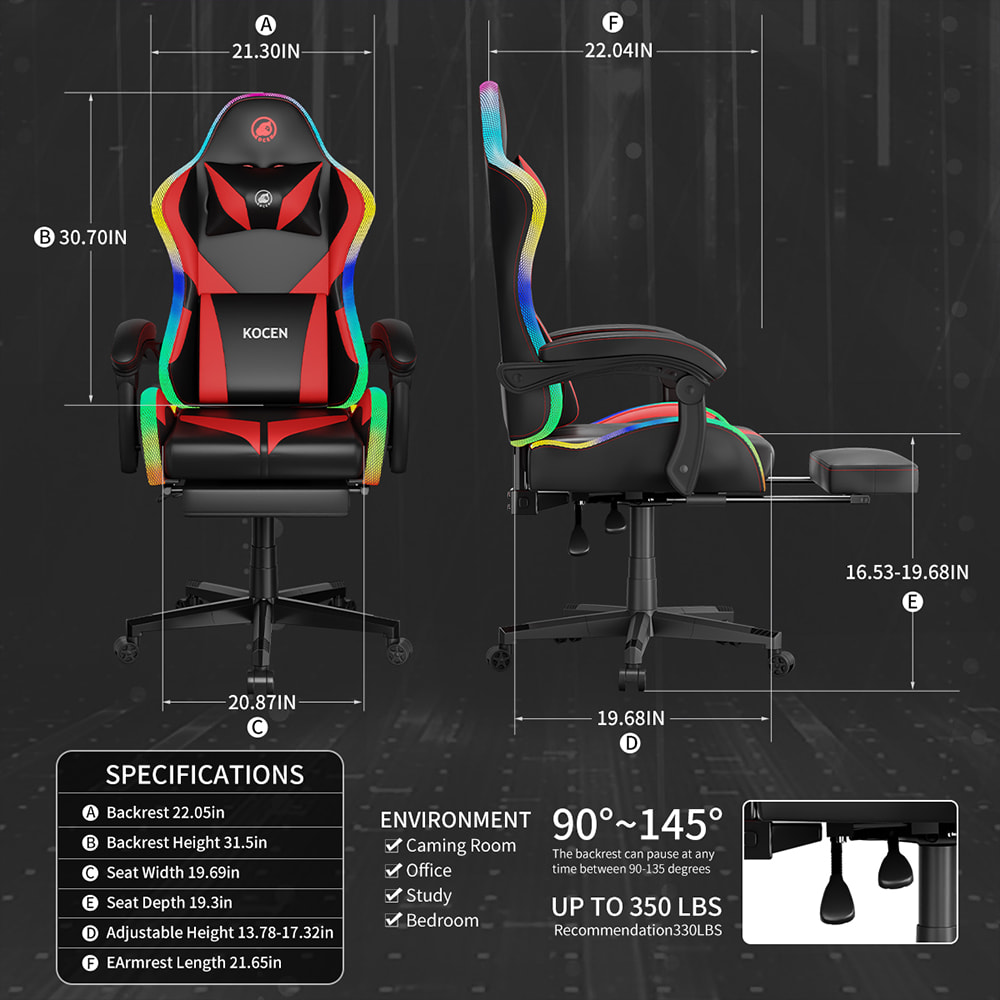 Cathaoirleach Cearrbhachais Fabraic Leathar PU, Cathaoirleach Esports Le Soilse RGB Inchoigeartaithe Il-datha, USB Powered, Cianrialú